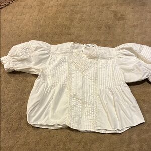 Zara White Cotton Pintuck & Lace Peasant Blouse